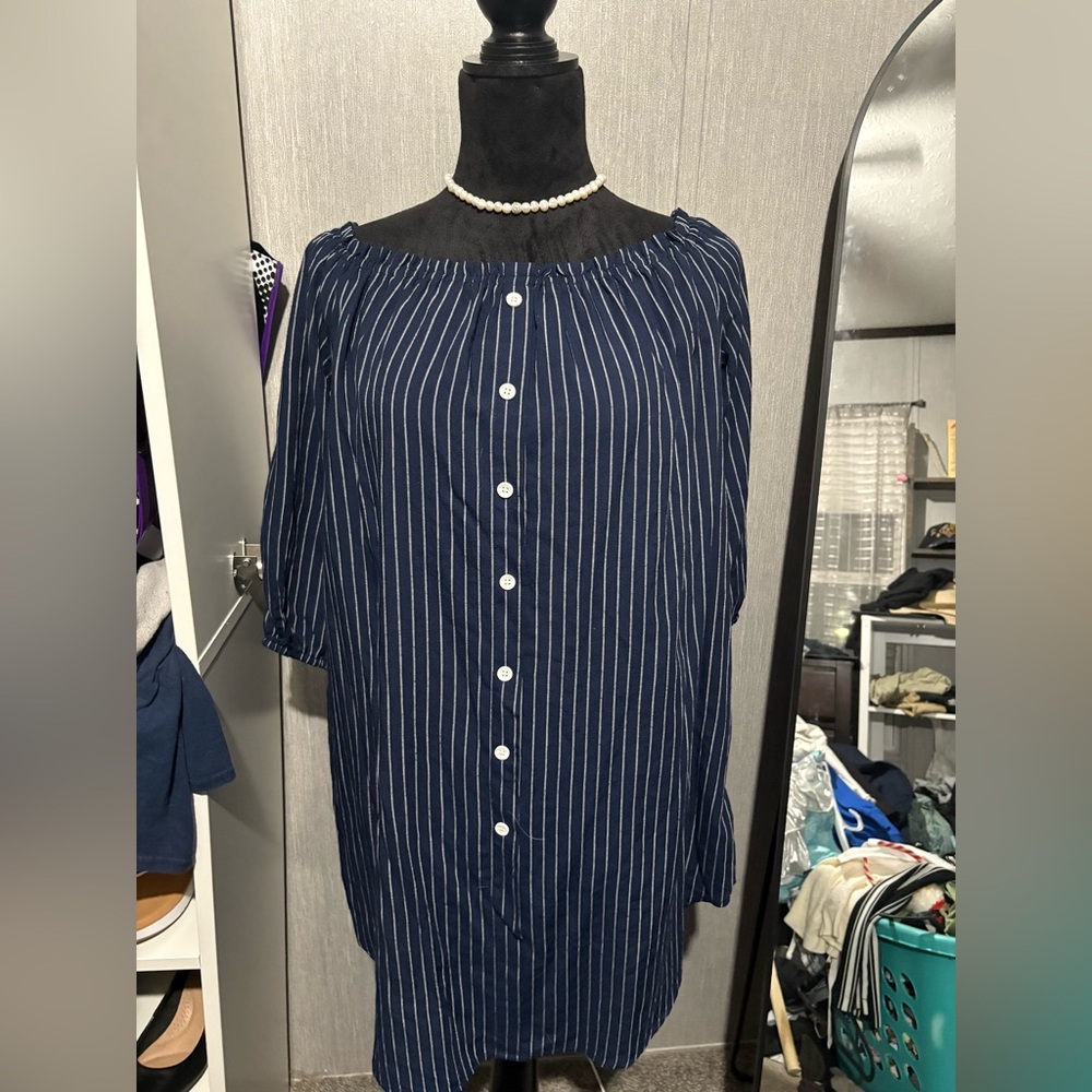 Navy Striped Women's Off the Shoulder Dress